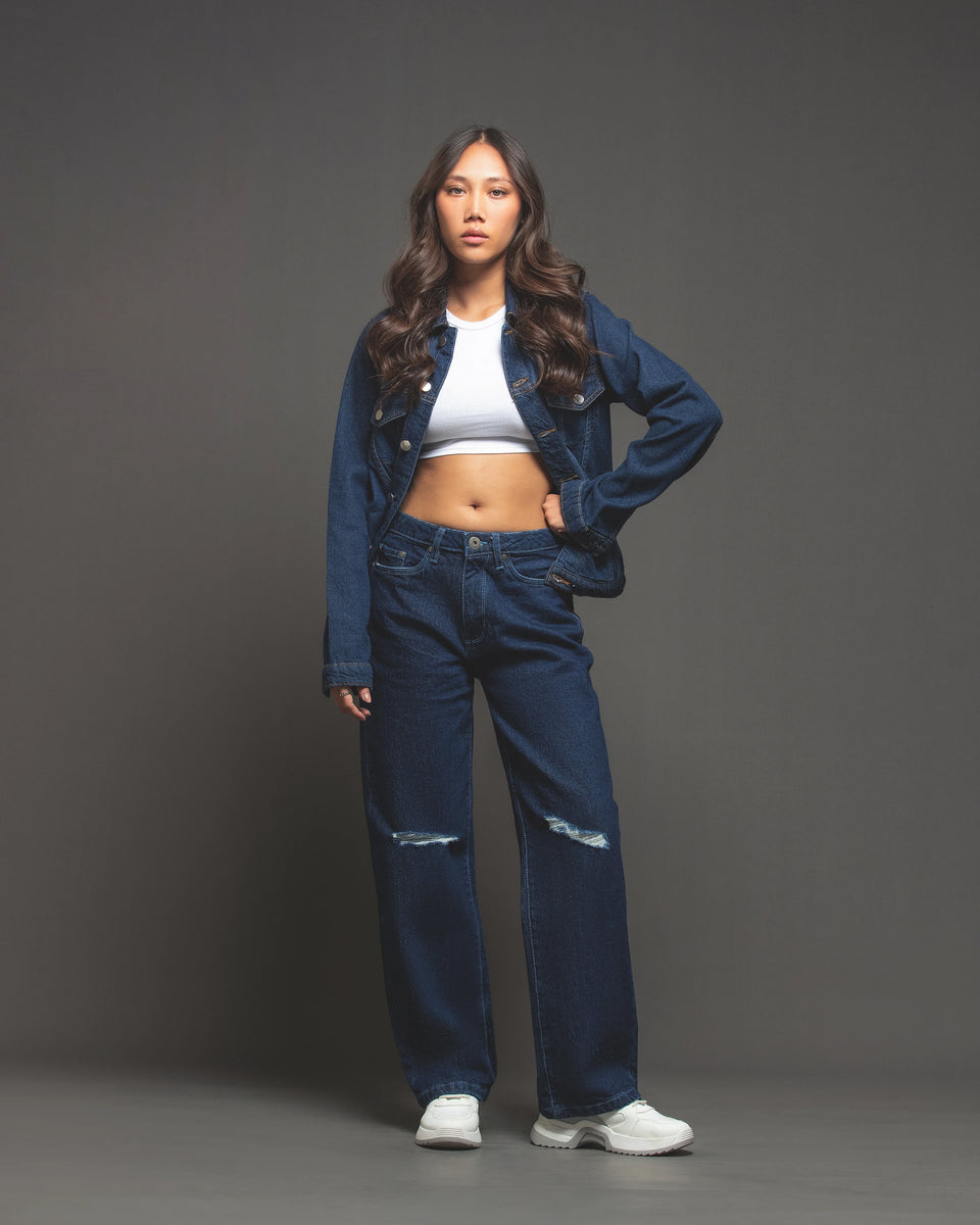 Women straight fit dark blue jeans stretched