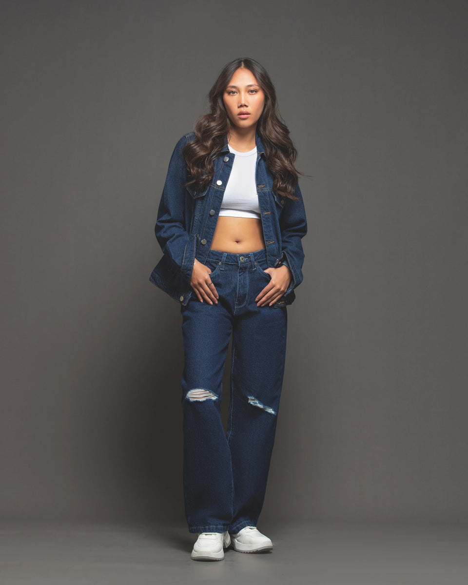 Women straight fit dark blue jeans stretched