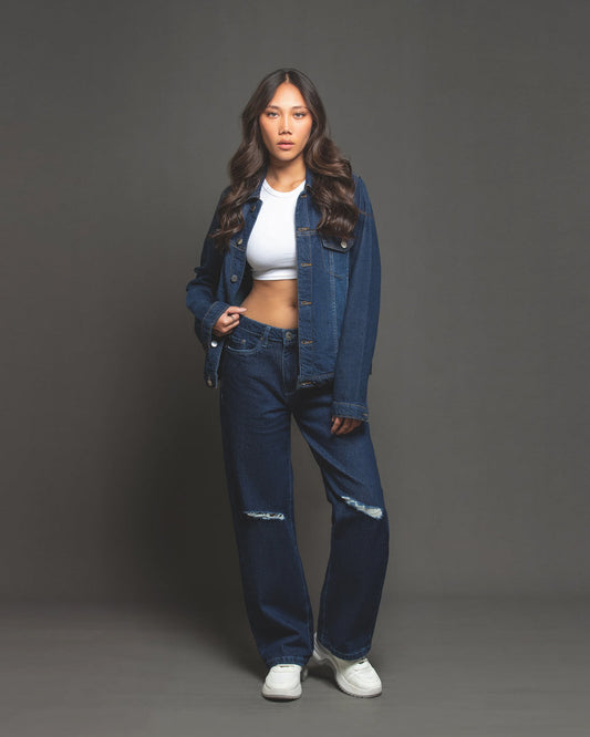 Women straight fit dark blue jeans stretched